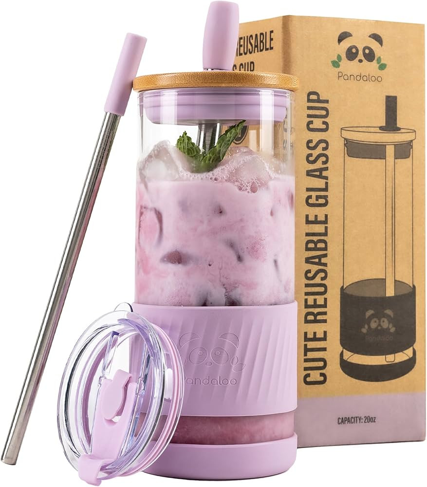 Pandaloo® Glass Cups With Lids and Straws -20 Fl Oz- Perfect Size Iced Coffee Cup - Smoothie Cup... | Amazon (US)