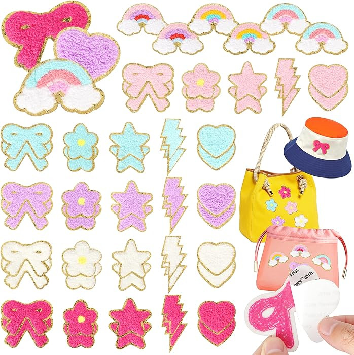 Self-Adhesive Chenille Patches for Girly Bags: NICEVINYL 56PCS Classic-Color Flower Star Heart Cu... | Amazon (US)