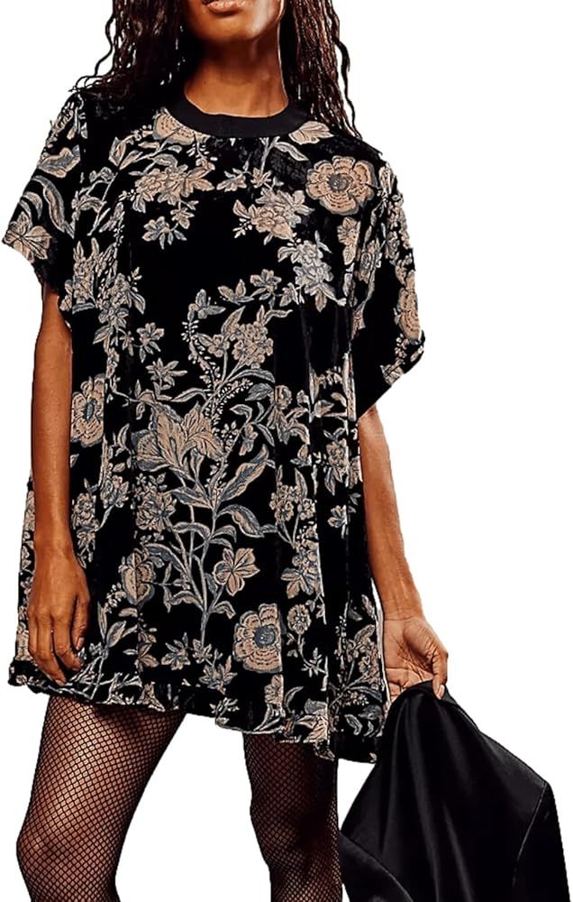 Women Short Sleeve Velvet Mini Dress Vintage Crew Neck Floral Printed Oversized Short Dress Summe... | Amazon (US)