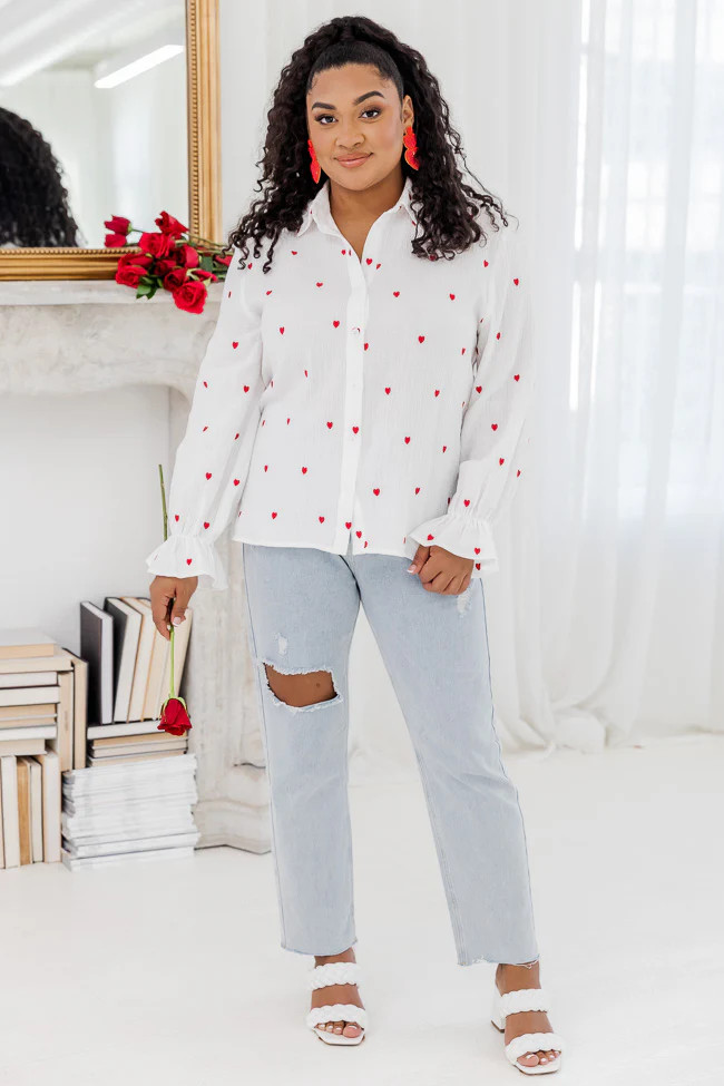 I'm Stuck On You Ivory Heart Applique Gauze Blouse | Pink Lily