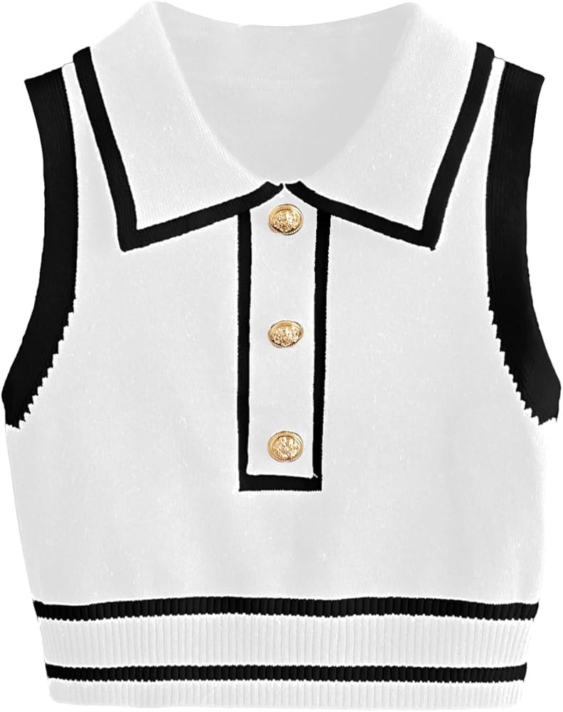 Verdusa Women's Button Front Striped Collar Sleeveless Sweater Vest Knit Top | Amazon (US)