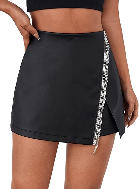 SweatyRocks Women's Rhinestones Fringe High Waist Faux PU Leather Skort Asymmetrical Hem Shorts | Amazon (US)