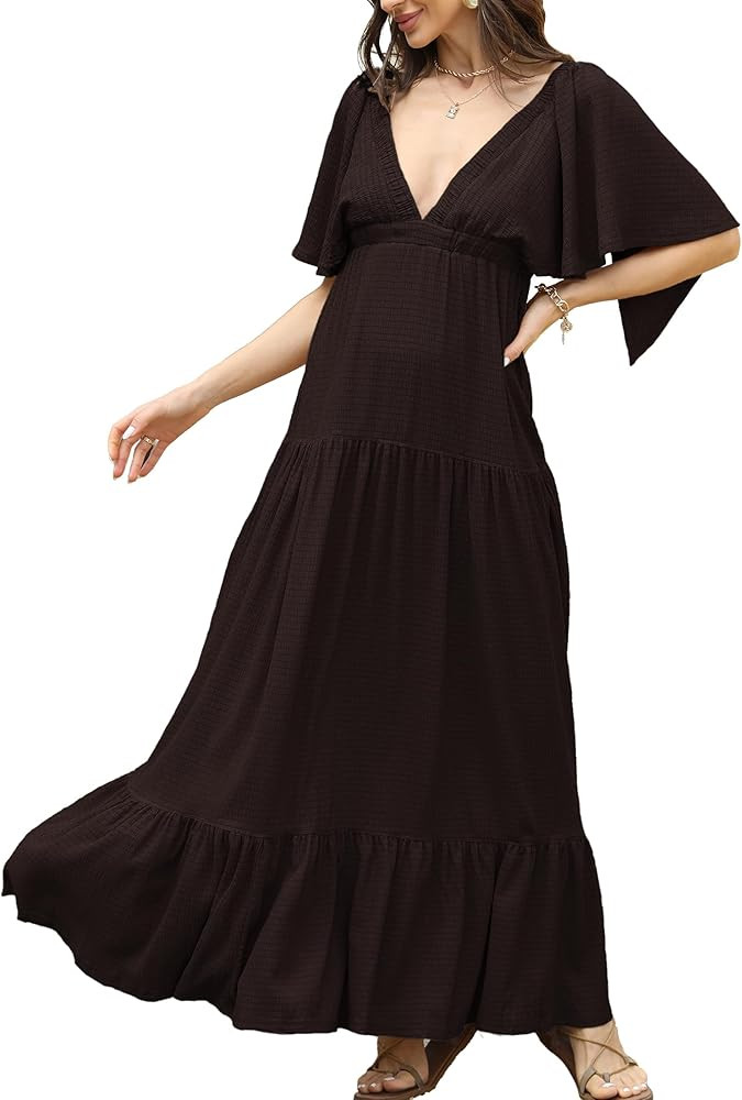 Women Summer Dresses Sexy V-Neck Maxi Dress Tiered Silhouette with Flutter Sleeve Backless Elasti... | Amazon (US)