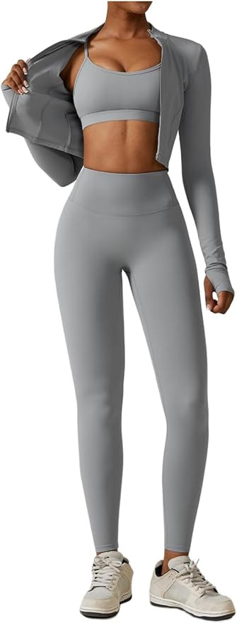 3 Piece Women Workout Set Sports Bra Crop Top Jacket with Thumb Holes Tummy Control High Waist Le... | Amazon (US)