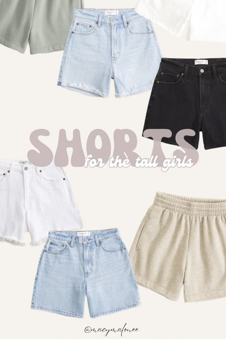 Tall girl friendly shorts. Inseam range from 5”-7”

Abercrombie style, jean shorts, lounge shorts, fashion for tall women 