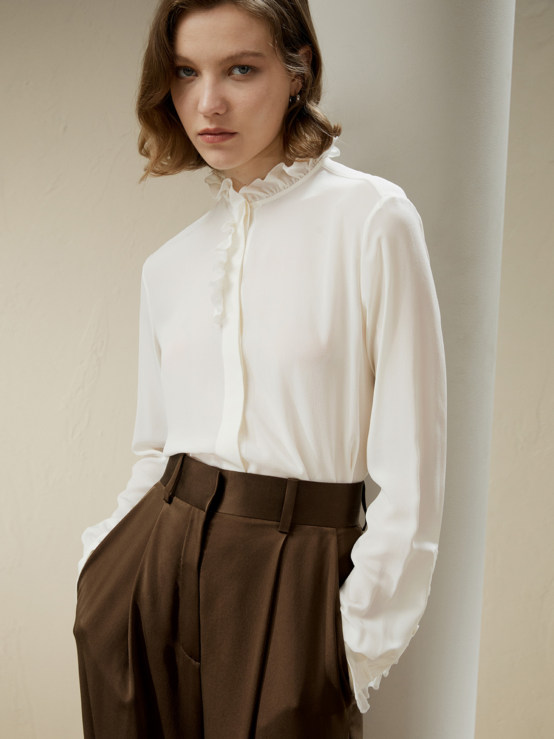 Crêpe de Chine Blouse with Ruffle Edge | LilySilk