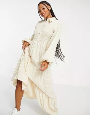 ASOS DESIGN Shirred tiered maxi shirt dress in textured gingham | ASOS (Global)