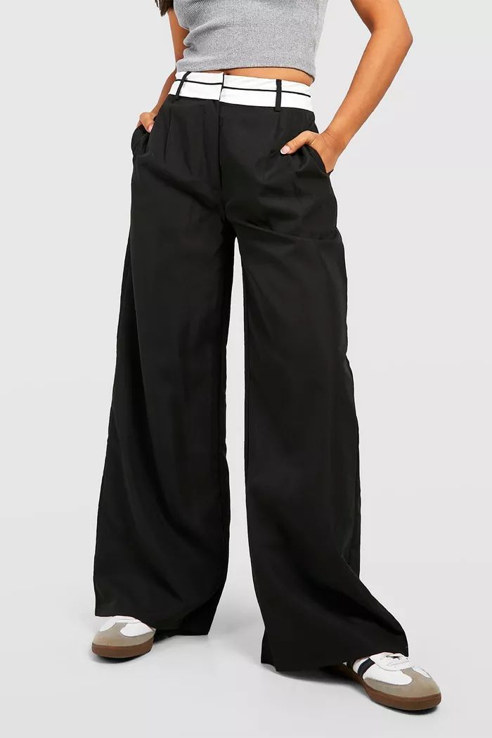 Petite Reverse Waistband Tailored Wide Leg Pants | boohoo (US & Canada)