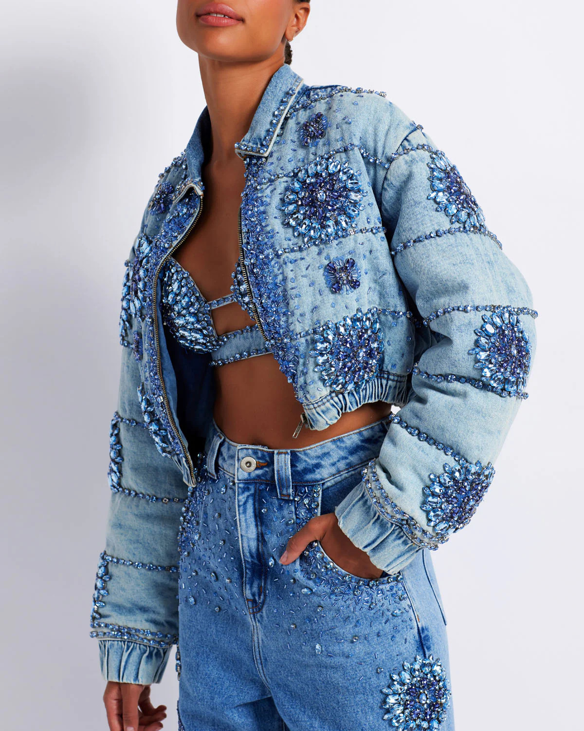 HAND-BEADED DENIM BOMBER (EXCLUSIVE) | PatBO
