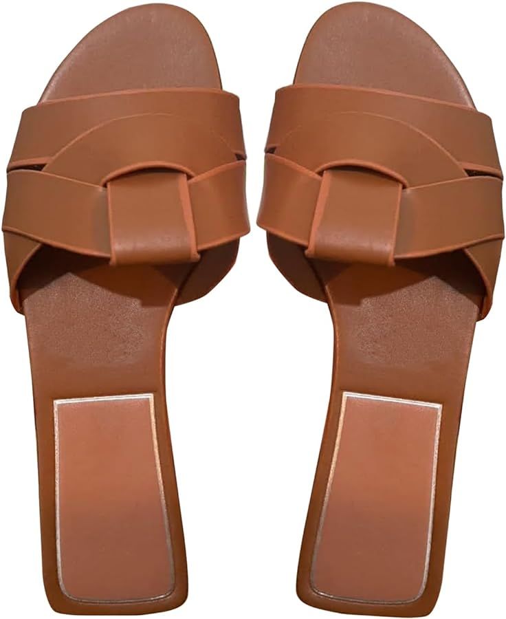 GORGLITTER Women's Flat Sandals Cross Strappy Open Toe Slip On Slides Cut Out Sandals | Amazon (US)
