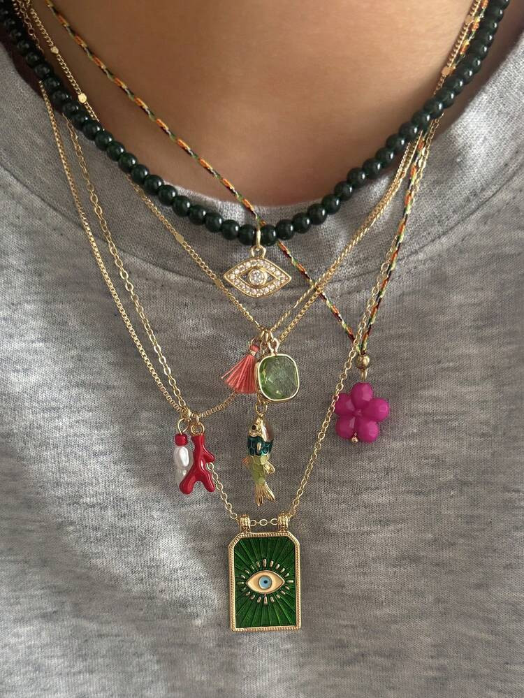 5pcs Bohemian Handmade Beaded Fish, Flower, Eye Pendant Multilayer Necklace Set With Faux Pearl, Tassel, Colorful Dopamine Necklace For Women, Suitable For Daily Wear And Party, All Seasons | SHEIN USA | SHEIN