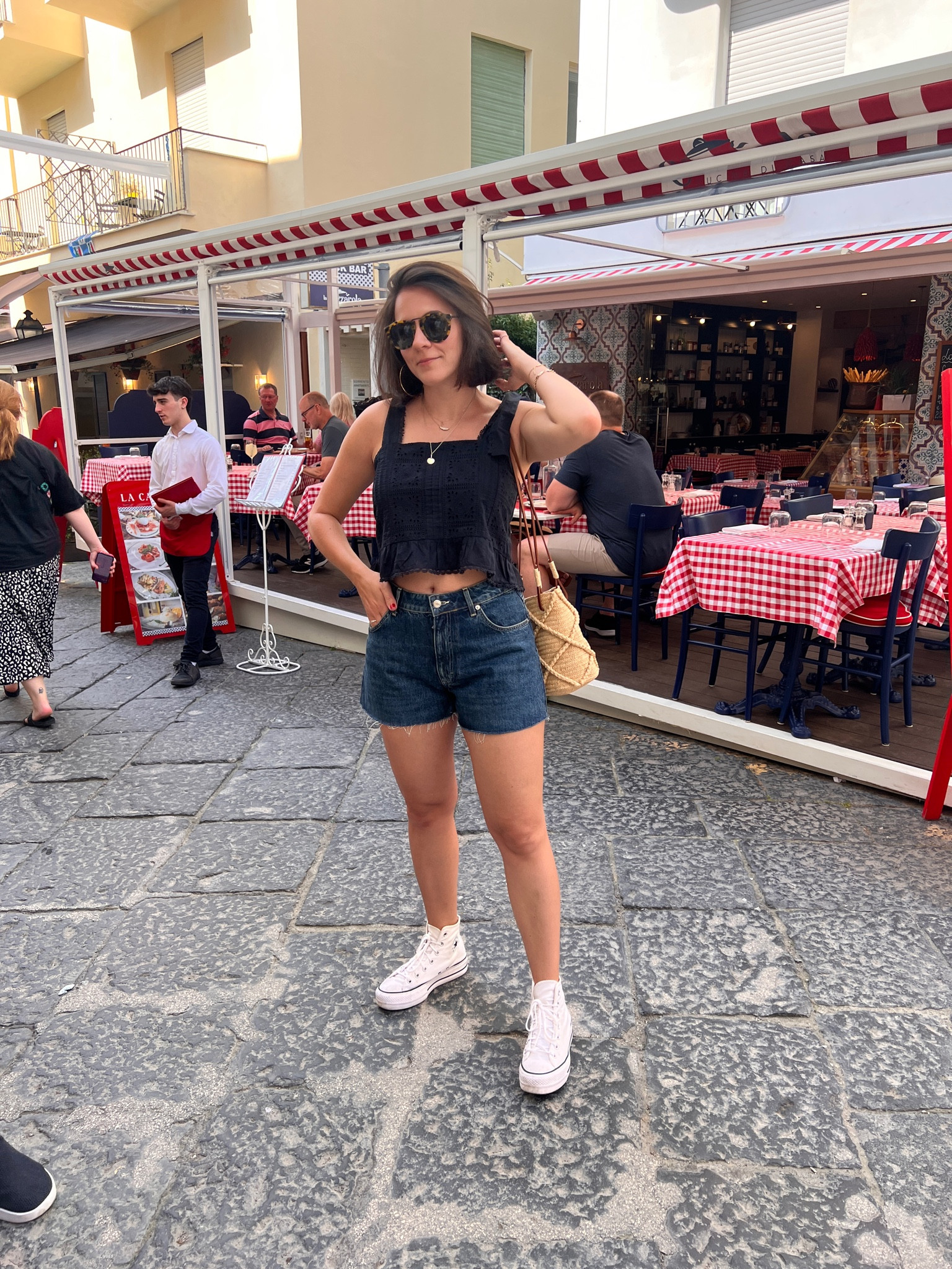 Farm rio top - took my usual size. And topshop shorts - took my larger size. This outfit is great for a fun food tour afternoon. Sezane bucket bag  

#LTKunder50 #LTKunder100 #LTKstyletip