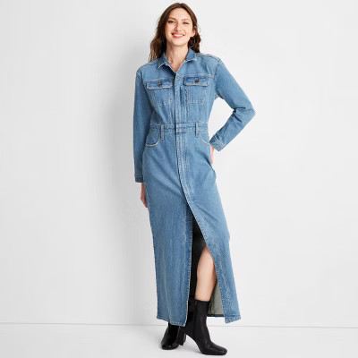 Women's Long Sleeve Denim Maxi Shirtdress - Universal Thread™ Medium Wash | Target