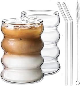 Ework4U 2 Pcs Drinking Glasses with Glass Straw 14oz Glassware Set,Cocktail Glasses,Iced Coffee G... | Amazon (US)