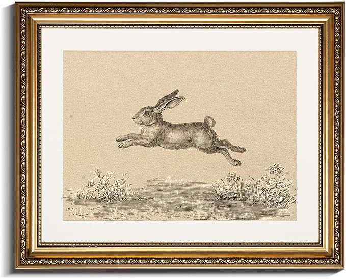 InSimSea Funny Easter Bunny Decor Gold Framed Wall Art Jumping Rabbit Canvas Prints, Vintage Bunn... | Amazon (US)
