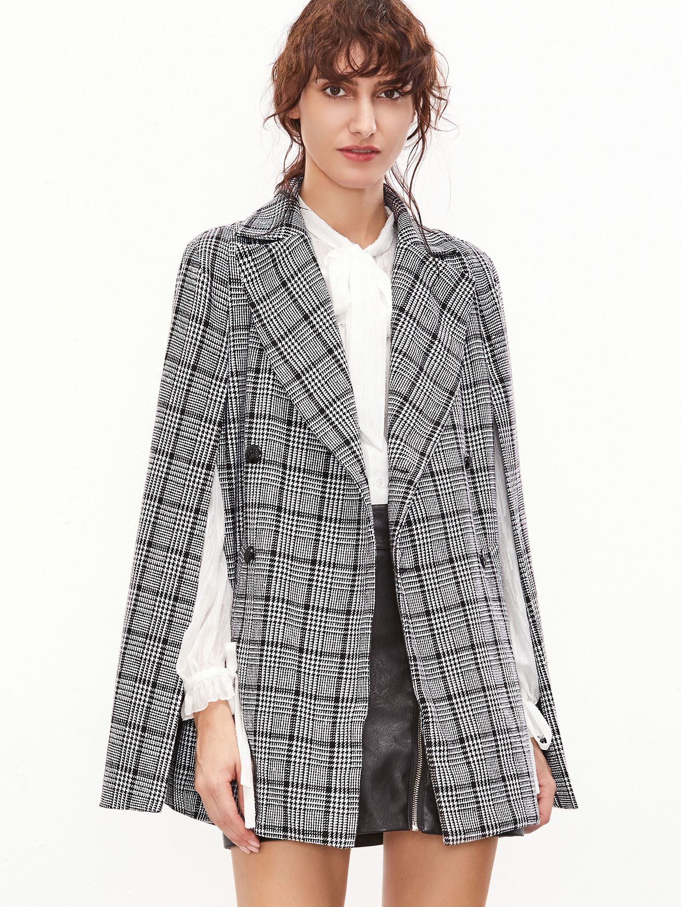 Black And White Plaid Double Breasted Cape Blazer | SHEIN