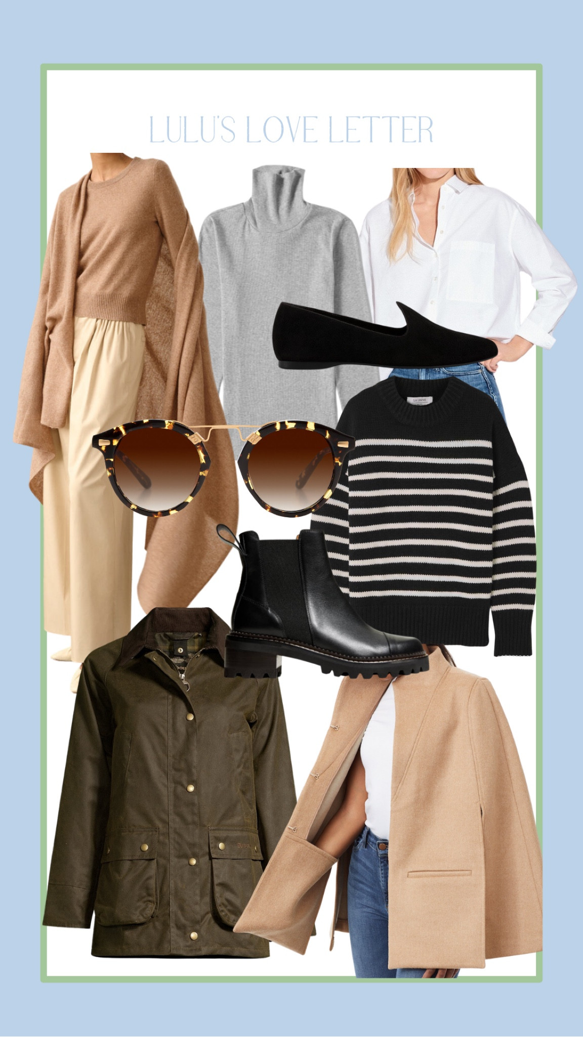 🤍Alice Walk wool camel cape 
🤍 Everlane The Pima Micro-Rib Turtleneck long sleeve top 
🤍 Birdies Starling & Heron velvet mule / loafer 
🤍 AYR Deep End 
🤍White & Warren Cashmere Wrap
🤍Barbour Bedale wax jacket 
🤍Krewe eyewear STL II Zulu 24K polarized
🤍See by Chloe Mallory Leather Chelsea Booties
🤍La ligne marin sweater 

#LTKSeasonal #LTKHoliday #LTKunder100
