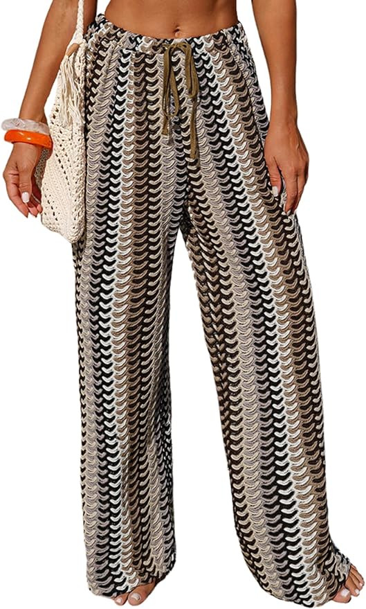 Womens Boho Beach Cover Up Flowy Wide Leg Drawstring Pants Elastic Waist Swimsuit Cover Up Summer... | Amazon (US)