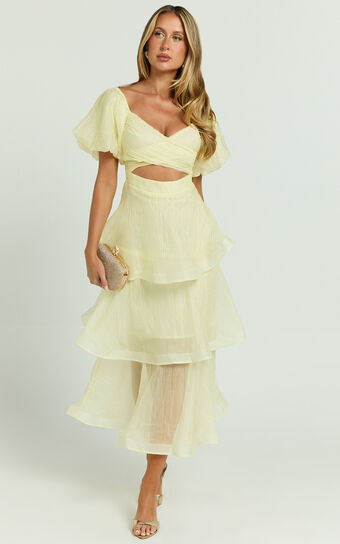 Giselle Midi Dress - Short Puff Sleeve Front Cut Out Layered Dress in Lemon | Showpo (US, UK & Europe)