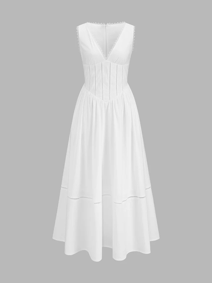 Lace Trim V\u2011Neck Corset Midi Dress | Commense