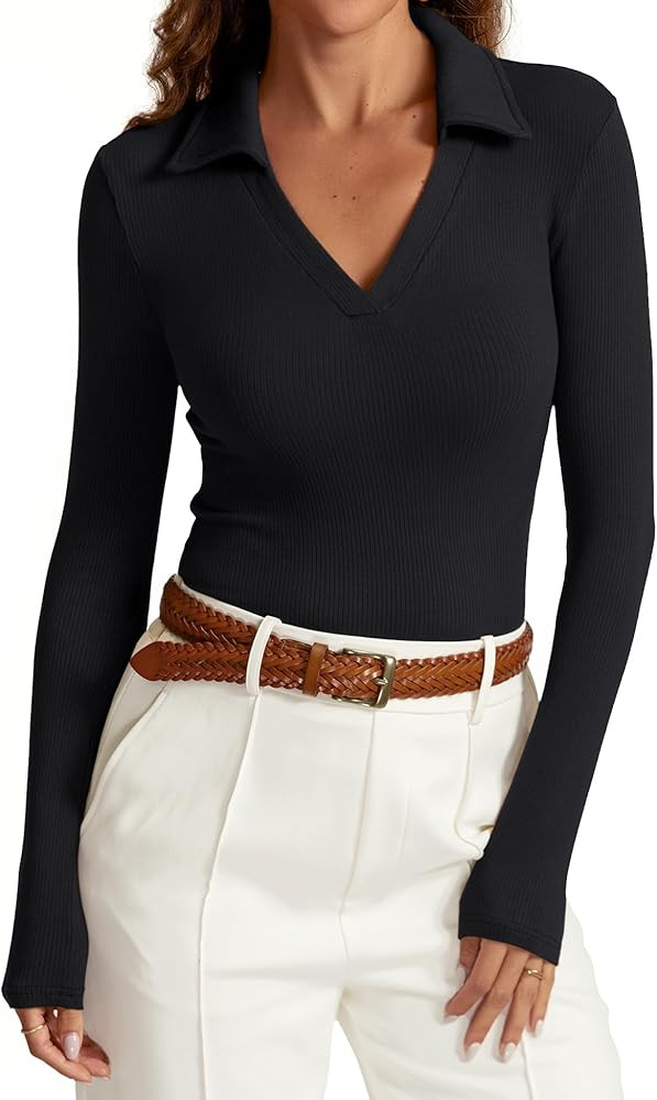 Womens Long Sleeve V Neck Polo Shirts Business Casual Collared Work Top Slim Fitted Basic 2024 Fa... | Amazon (US)