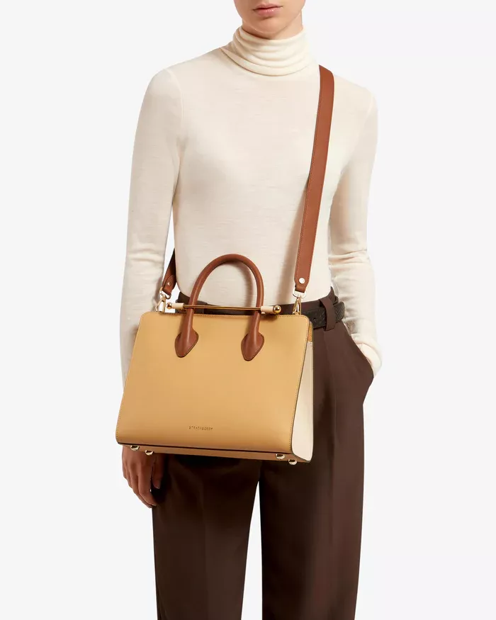 The Strathberry Midi Tote - Top Handle Leather Tote Bag - Natural
