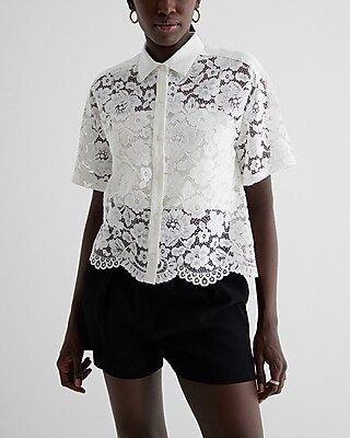 Lace Short Sleeve Button Up Shirt | Express