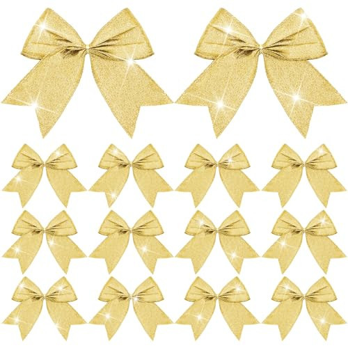 Cindeer 24 Pcs Gold Christmas Bow Decorations 6 Inch, Glitter Holiday Bows with Sequin Ties for Xmas Tree, Halloween, Wreath, DIY Crafts, Gift Wrapping, Party Decor Ornaments | Amazon (US)