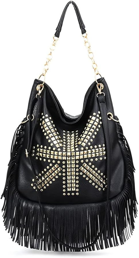 PU Leather Fringe Hobo Bag Large Studded Handbag Crossbody Bag for Women | Amazon (US)