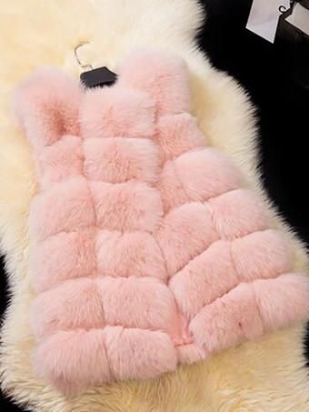 Women Coats Pink Sleeveless Faux Fur Coat Layered Winter Coat | Milanoo