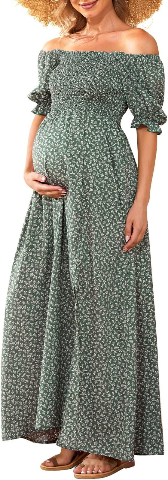 Floral Maternity Dress for Photoshoot Baby Shower, Square Neck Puff Sleeve Maternity Boho Smocked... | Amazon (US)