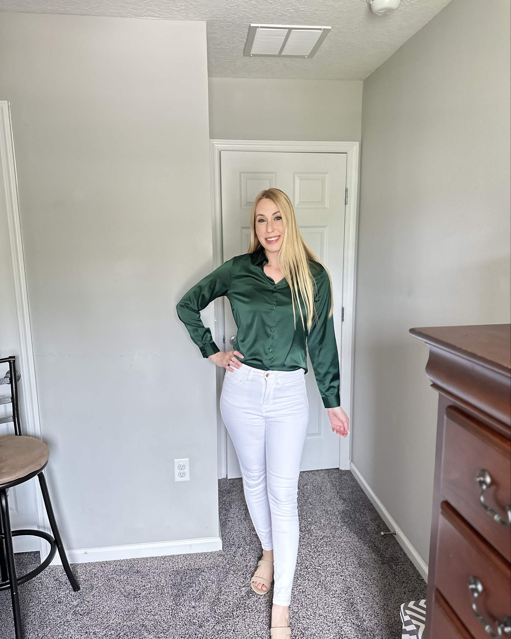 Satin Office Blouse 
💙 has some stretch
🩵 buttons all the way up 
💞 long enough to tuck in 
Wearing size small TTS

#LTKworkwear #LTKstyletip #LTKfindsunder50