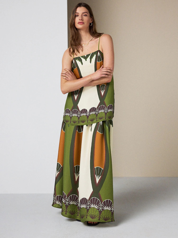 Buy Ecru/Brown Print Satin Pleated Maxi Skirt from Next Ireland | Next EU