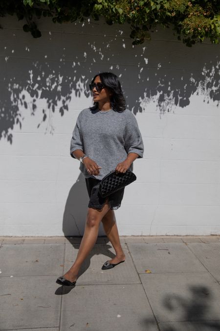 Autumn outfit, transitional outfit, grey t-shirt, knitted top, cashmere top, grey knit top, black skirt, mini skirt, slip skirt, layered outfit, flat mules, embellished mules, quilted bag, clutch bag, black bag, & Other Stories, Chanel, Vestiaire Collective, H&M, Anthropologie, Manolo Blahnik

#LTKstyletip #LTKeurope #LTKSeasonal