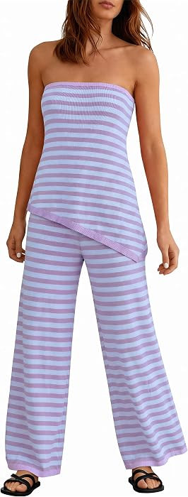 Tankaneo Womens 2 Piece Outfits Asymmetrical Tube Top Wide Leg Pants Knit Vacation Travel 2026 Ma... | Amazon (US)