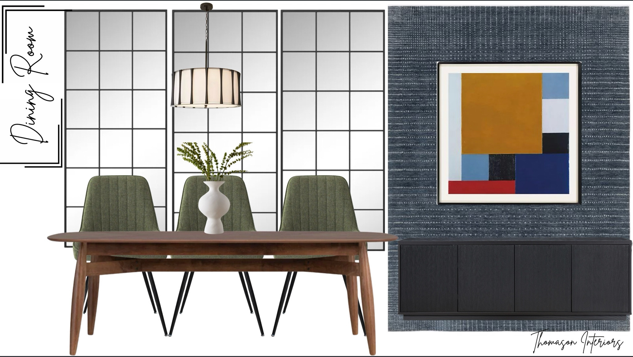 Mid Century Dining Room. Grid mirrors, rug, abstract art, media console, dining table, dining chairs, light fixture 

#LTKFamily #LTKStyleTip #LTKHome