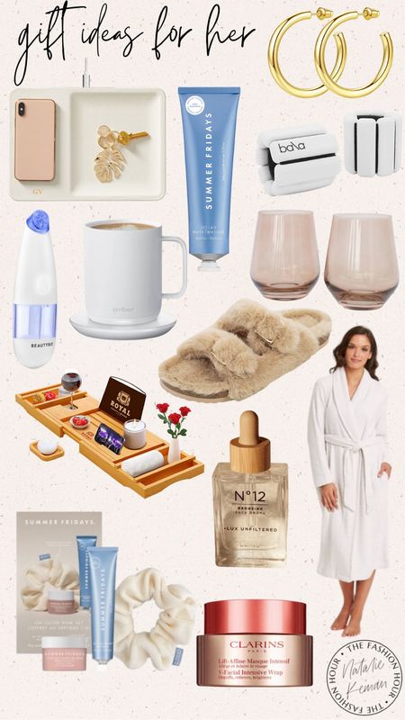 HOLIDAY GIFT GUIDE! GIFT IDEAS FOR HER! 
stemless wine glasses. Cozy robe. Fuzzy slippers. Bath tray. Eye mask.  Skin oil. Summer Fridays. Clarins. Gold earrings. Ember coffee warmer. Jet lag mask. Beauty bio. Weights. Face mask 

#ltkgiftguide




#LTKstyletip #LTKSeasonal #LTKHoliday