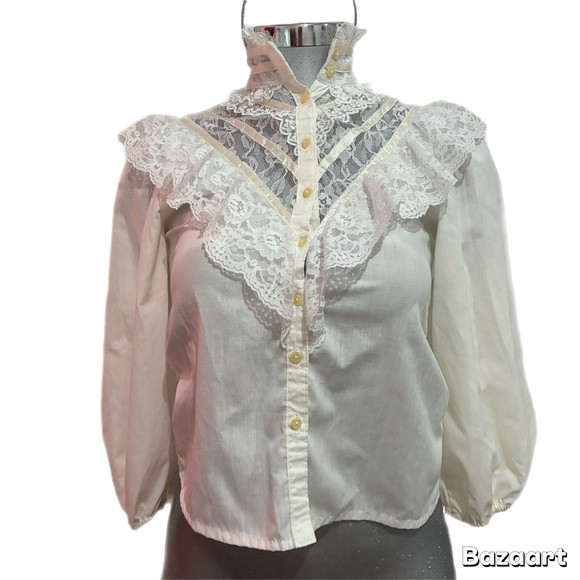 Vintage Gunne Sax Ruffle Bib Collar Blouse Jessica McClintock White Victorian S | Poshmark