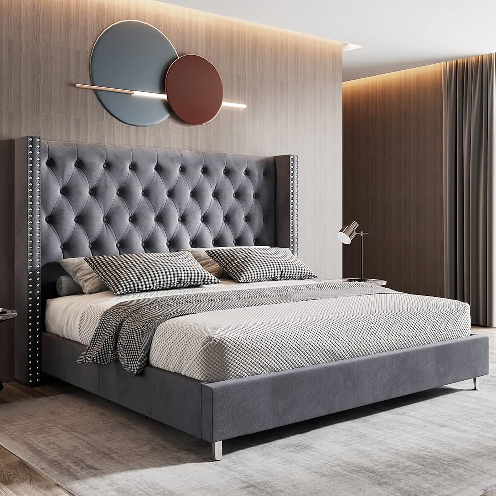 Jocisland Upholstered Bed Frame King Platform Bed Wingback Headboard Velvet Tufted Diamond Button... | Amazon (US)