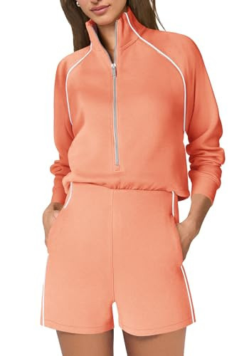 SENSERISE Womens Long Sleeve Romper One Piece Jumpsuits Mock Neck Wide Leg Shorts Fall Outfits with Zipper & Pockets(Coral Pink,S) | Amazon (US)
