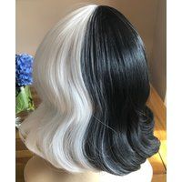 Cruella De Vil Short Style Wig So Soft, Black & White Wavy Wig With Bangs Ready To Ship | Etsy (US)