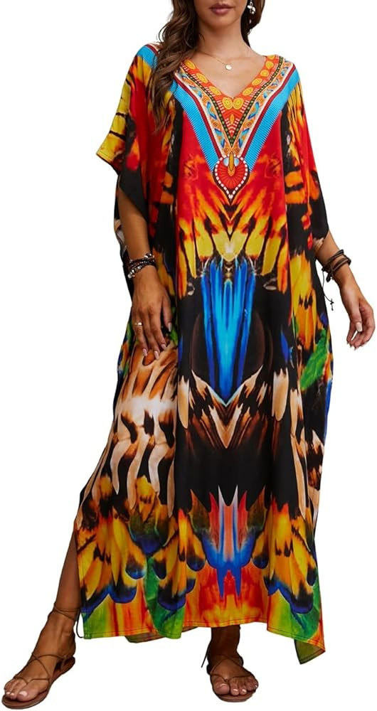 Bsubseach Women's Long Caftans Print Bathing Suit Cover Up Casual Beach Maxi Dress | Amazon (US)