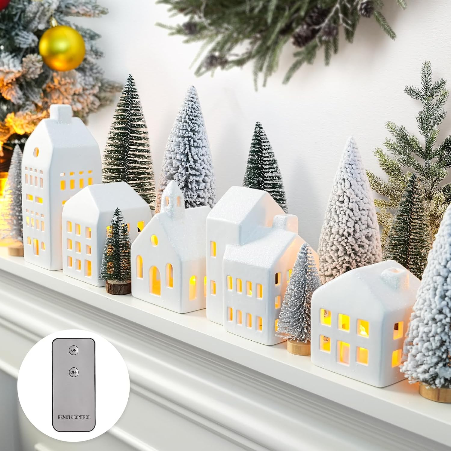 Zesua Christmas Decorations Indoor - Christmas Village Sets of 5 Ceramic Houses with LED Lights Remote and 9 Trees - Winter Rustic Farmhouse Home Holiday Xmas Decor for Mantel Tabletop Room | Amazon (US)