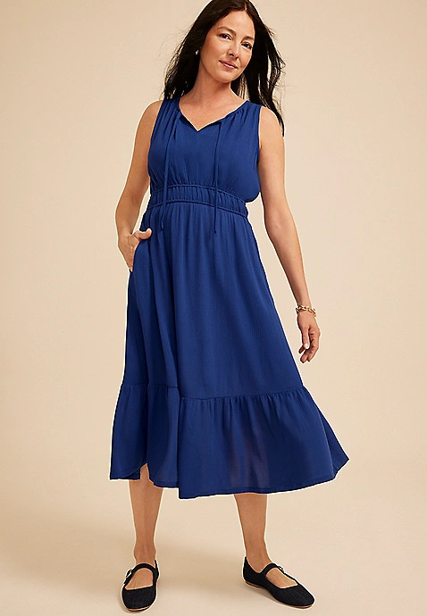 Bare Tie Notch Neck Empire Waist Midi Dress | Maurices