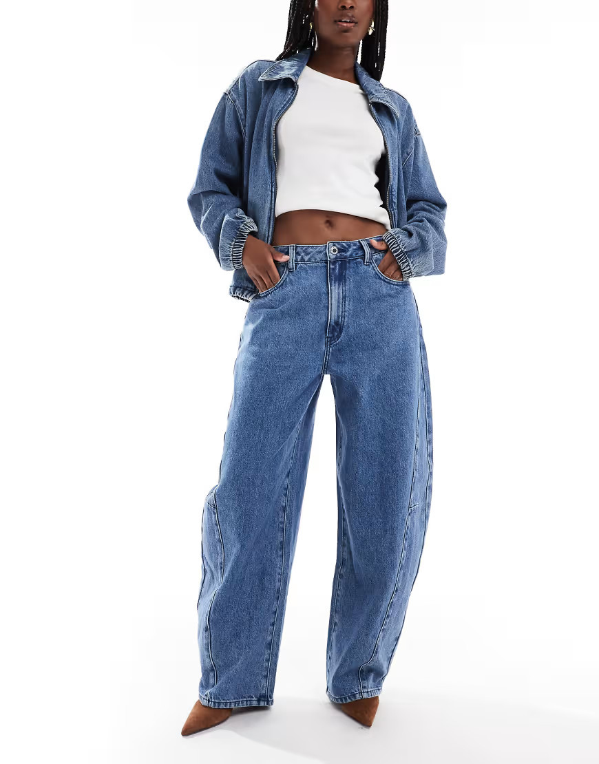 WeWoreWhat mid rise barrel leg jeans in mid wash-Blue | ASOS (Global)