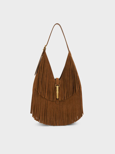 Sienna Brown Cesia Recycled Suede Fringed Hobo Bag | CHARLES & KEITH | Charles & Keith AU