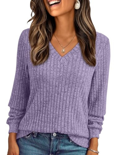 AUTOMET Womens V Neck Long Sleeve Shirt Fall Fashion Tops Tunic Dressy Casual Sweater Clothes Cute Trendy Work Outfits 2026 Purple L | Amazon (US)