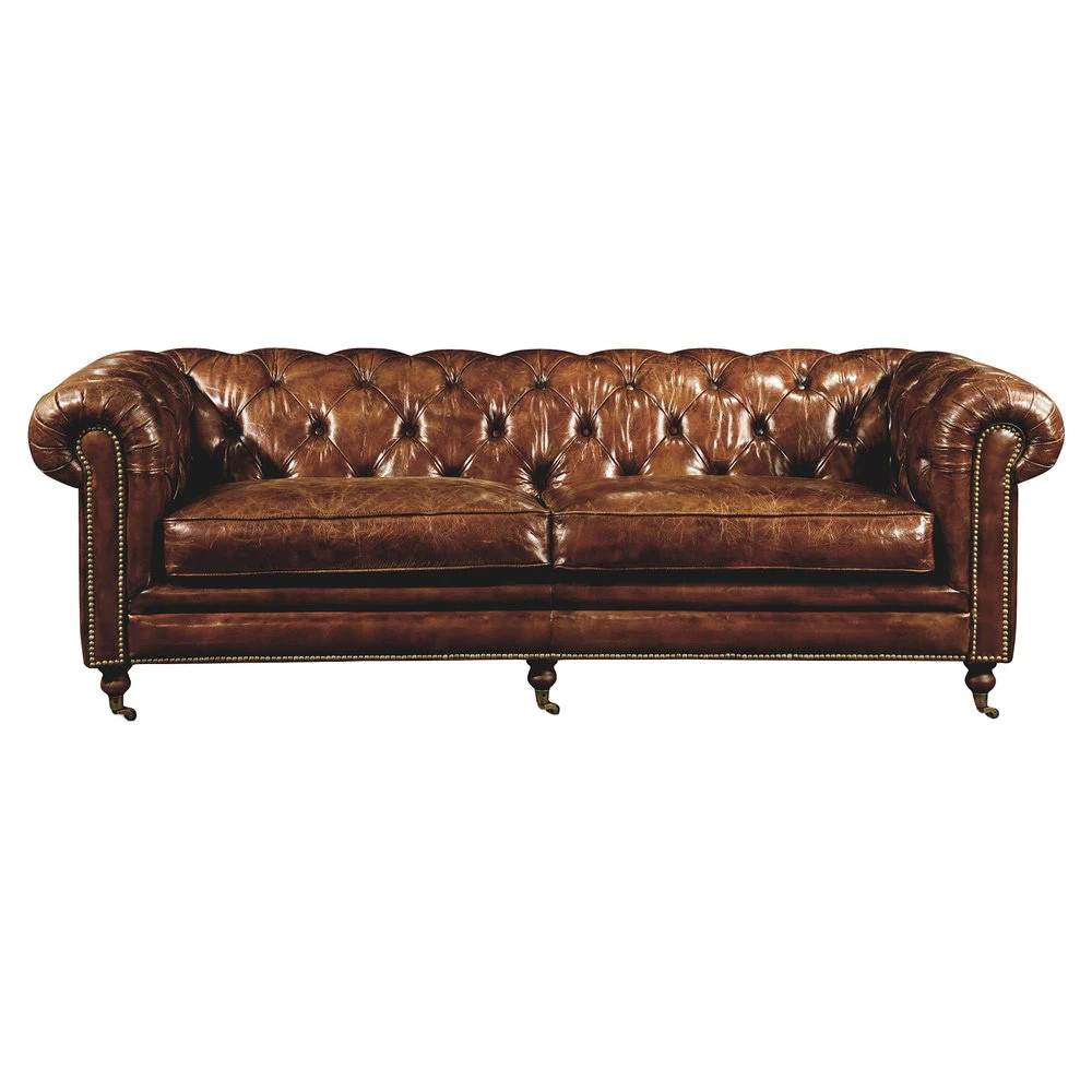 Harlan Updated Traditional Dark Brown Tufted Leather Sofa - 87" | Kathy Kuo Home