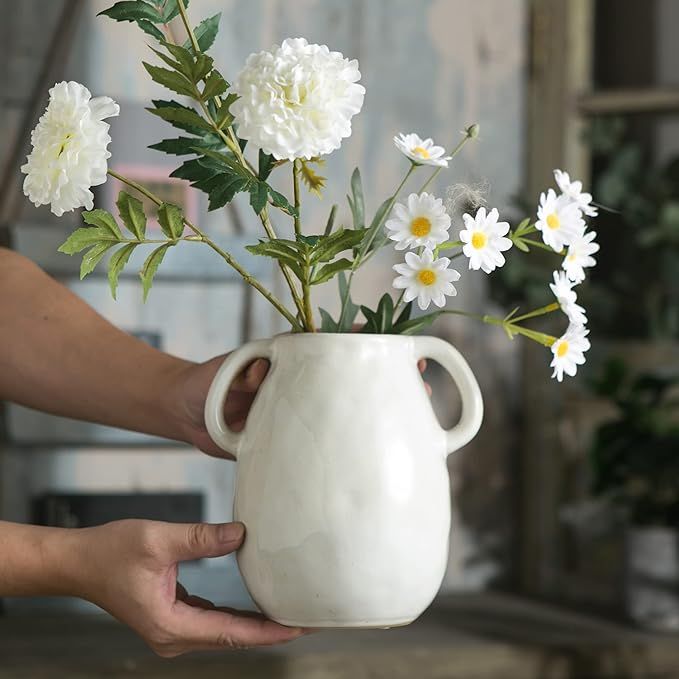 White Ceramic Vase with 2 Handles, Modern Farmhouse Vase for Home Decor, Rustic Terracotta Vase, ... | Amazon (US)