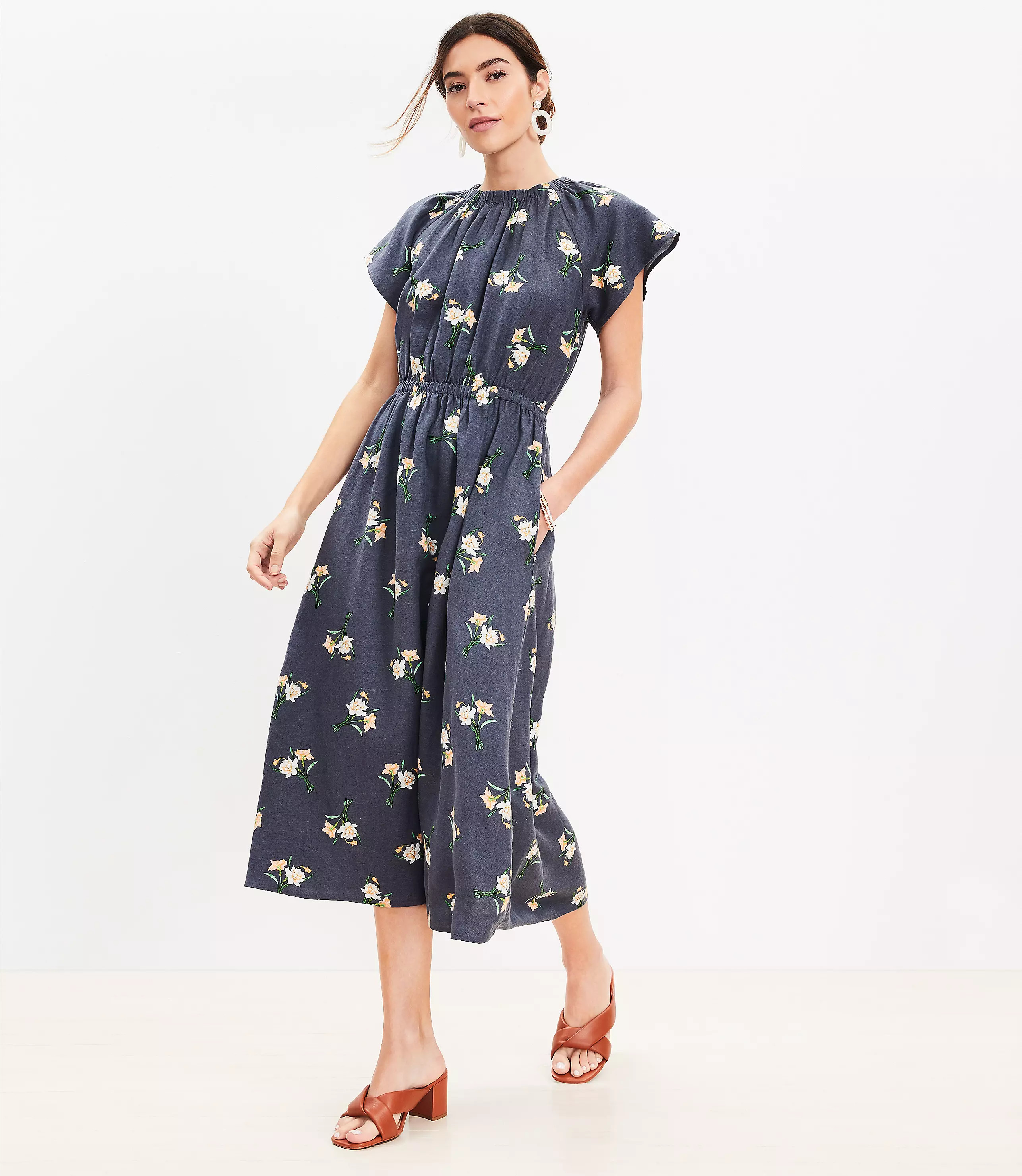 Daffodil Linen Blend Smocked Flutter Sleeve Midi Dress | LOFT